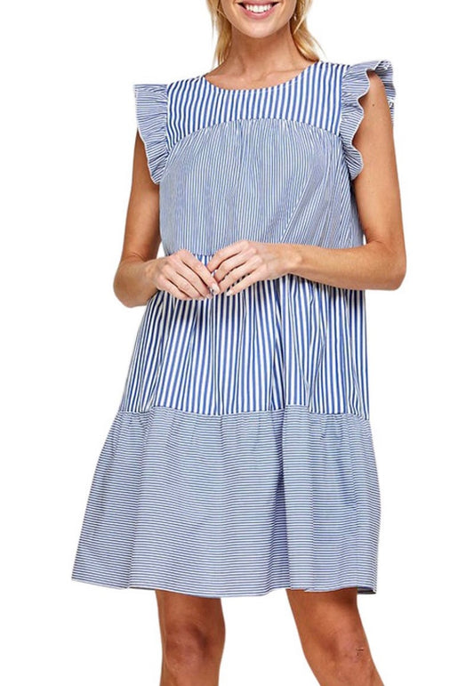 Blue Stripe Ruffle Dress